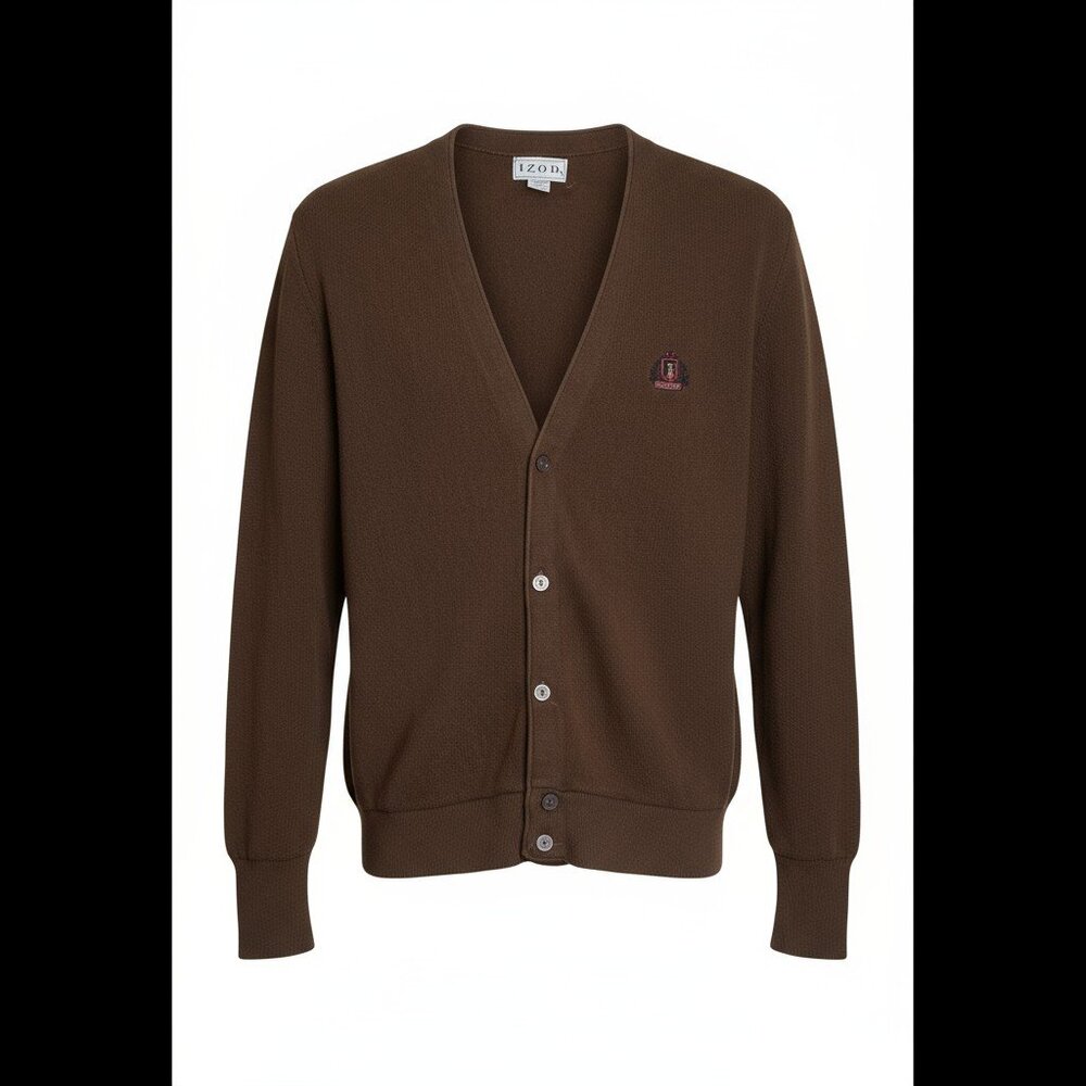 Izod Men's Chocolate Brown Button Down Cardigan VTG Electric Grandpa Sweater